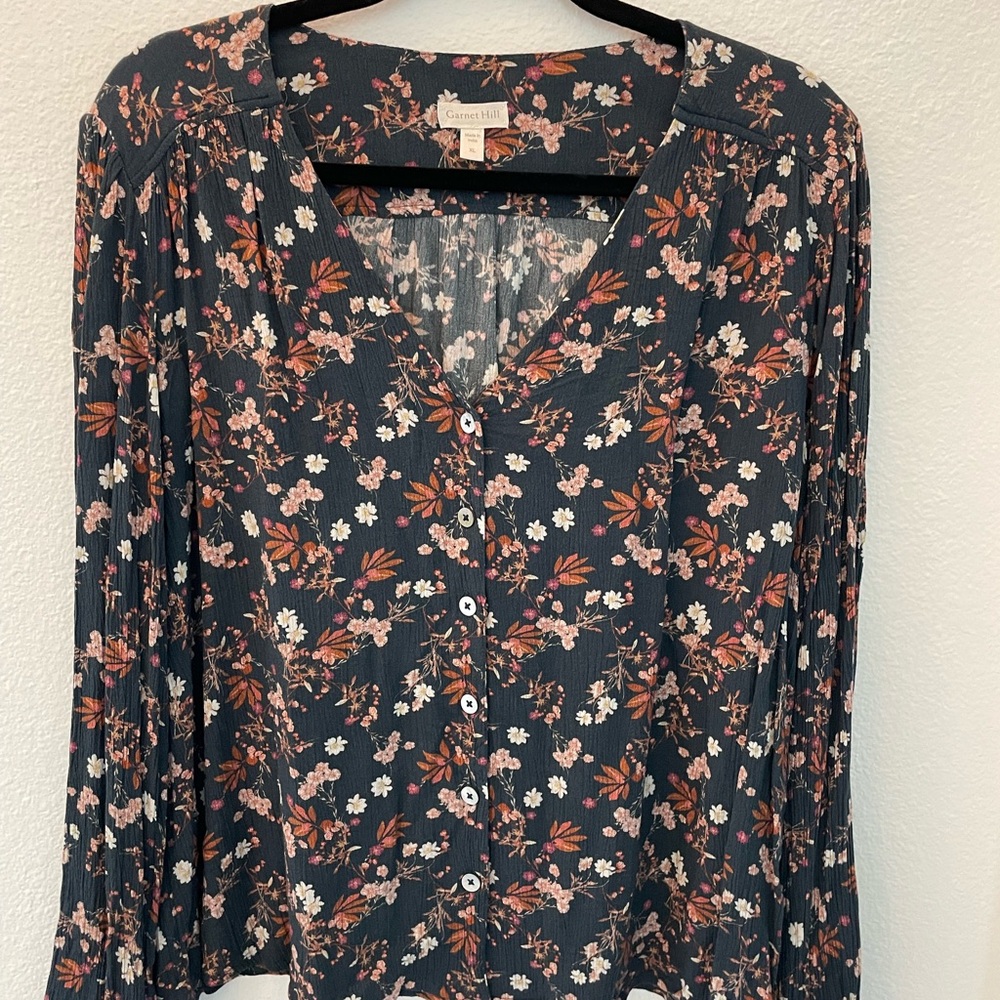 Garnet Hill Dark Floral Button-Up Blouse